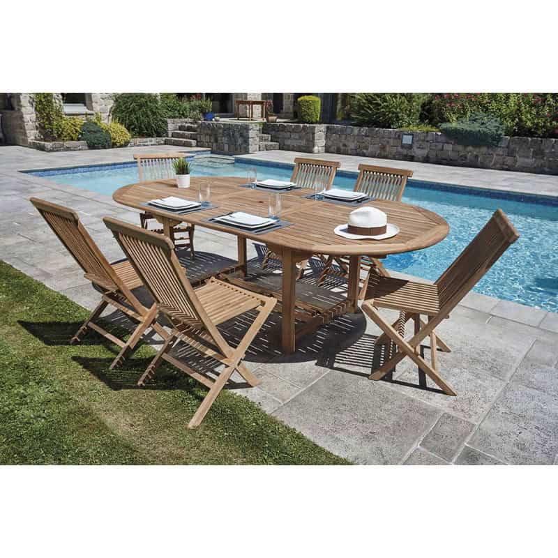 Ensemble table et chaise de jardin en teck chez Jardin et Saisons